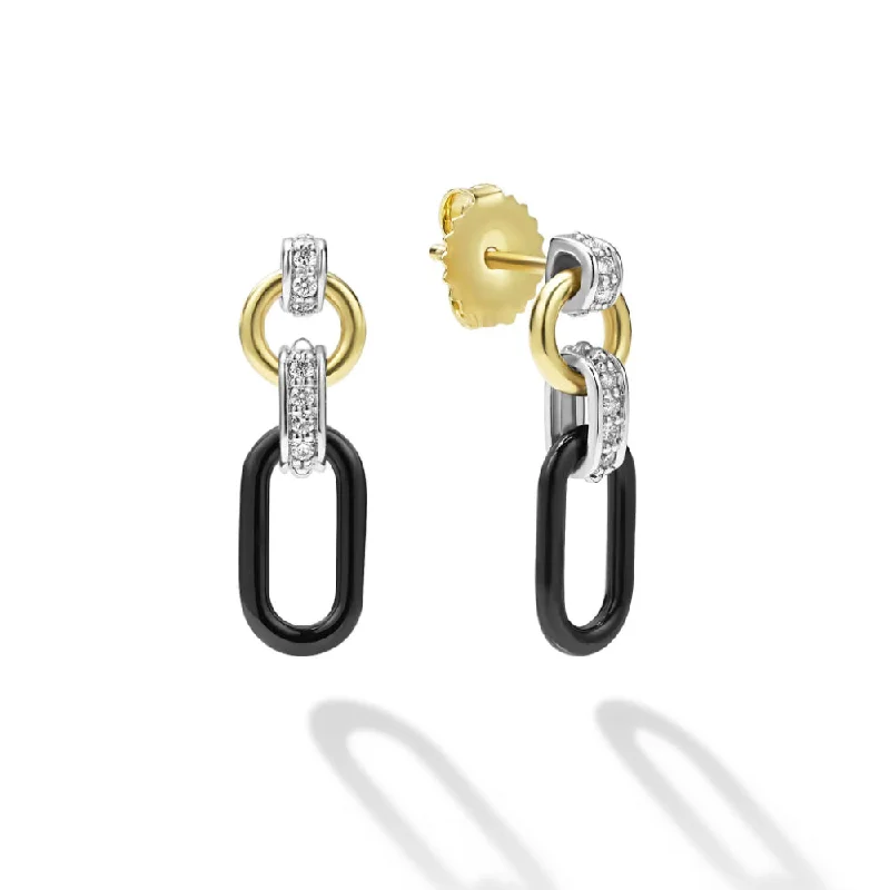 Alloy metal earrings-Lagos Signature Caviar Small 18k Gold & Black Ceramic Diamond Link Drop Earrings