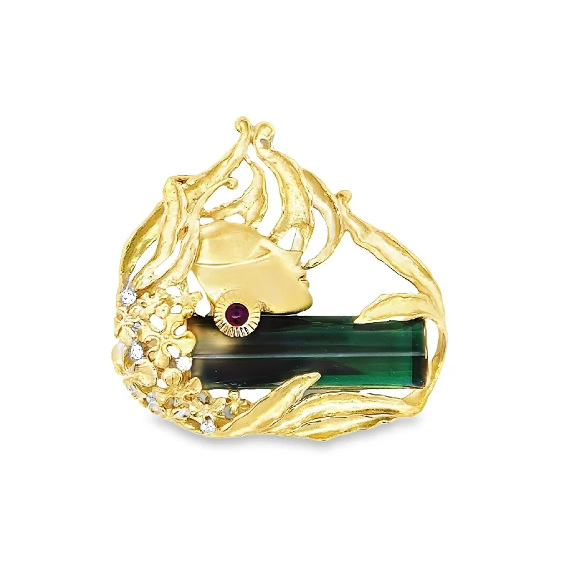 Rustic lock brooch-27.16 Carat Green Tourmaline 18k Yellow Gold Art Nouveau Inspired Brooch