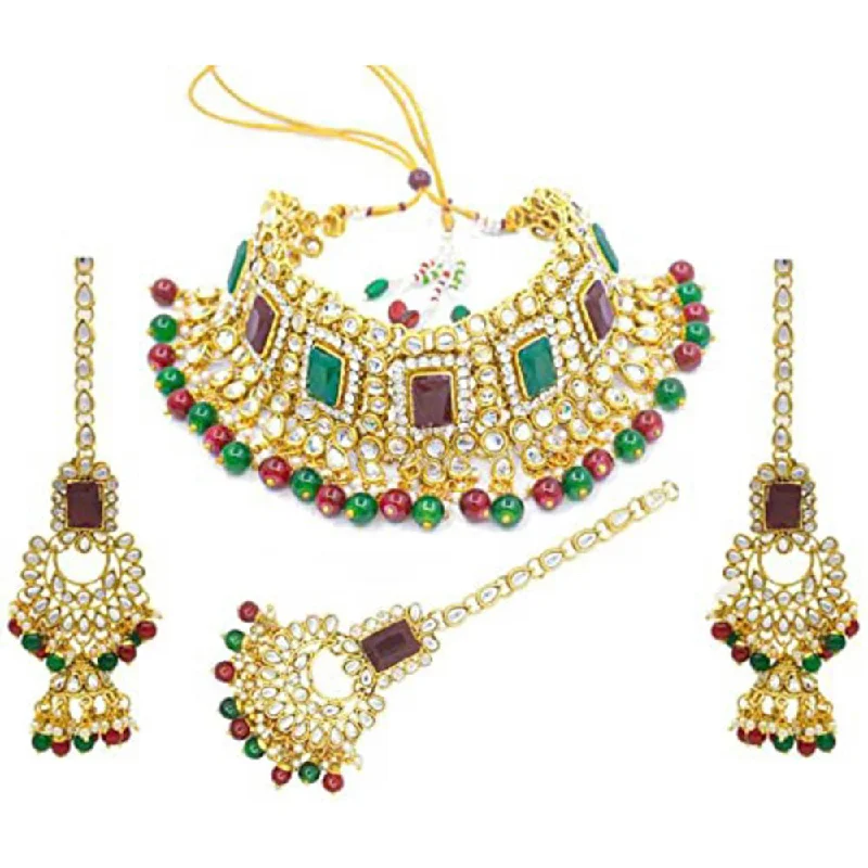 Sleek gold necklaces-Etnico 18K Gold Plated Traditional Handcrafted Faux Kundan & Pearl Studded Bridal Choker Necklace Jewellery Set with Earrings & Maang Tikka (IJ401) (Maroon Green)