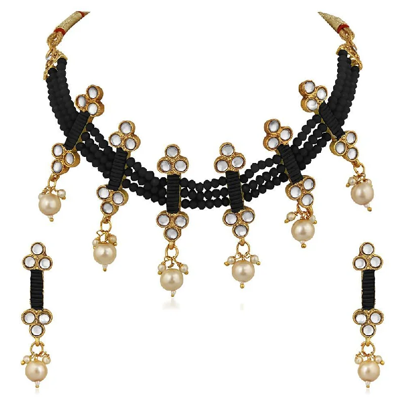 Tarnished silver necklaces-Mahi Traditional Floral Kundan & Black Beads Layered Choker Necklace Jewellery Set for Women (VNCJ100261BLK)