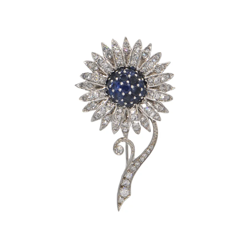 Bamboo motif brooch-Vintage Handmade Diamond and Sapphire Daisy Flower Brooch