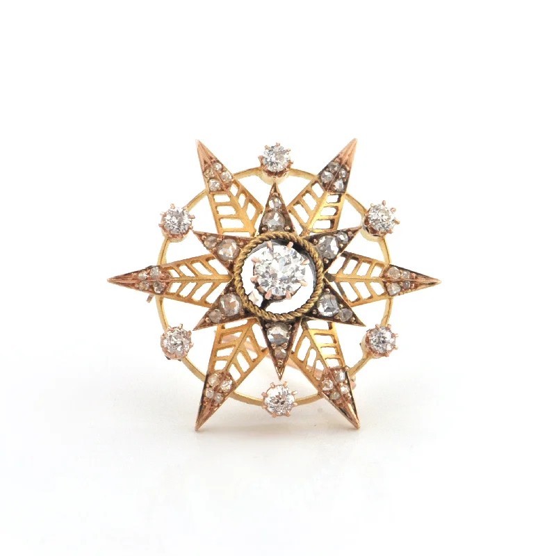 Polished bead brooch-Double Six Pointed Star 1.40CT Diamond and 18K Yellow Gold Brooch C.1880