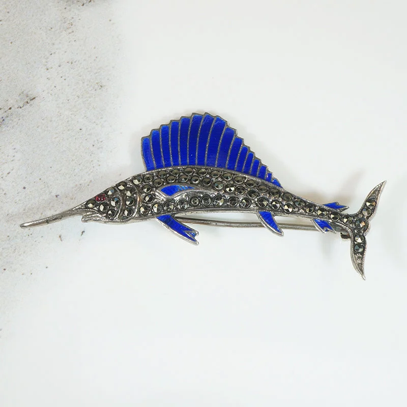 Beaded gem brooch-Sterling & Marcasite Sailfish Brooch with Enameled Fins