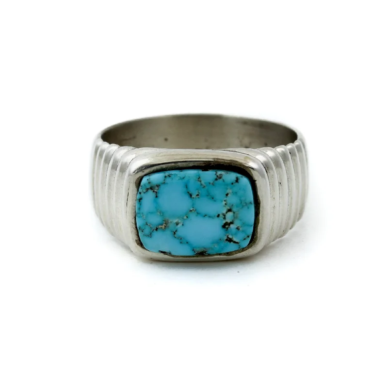 Warm wood rings-Kingman Turquoise Ridged Inlay Signet