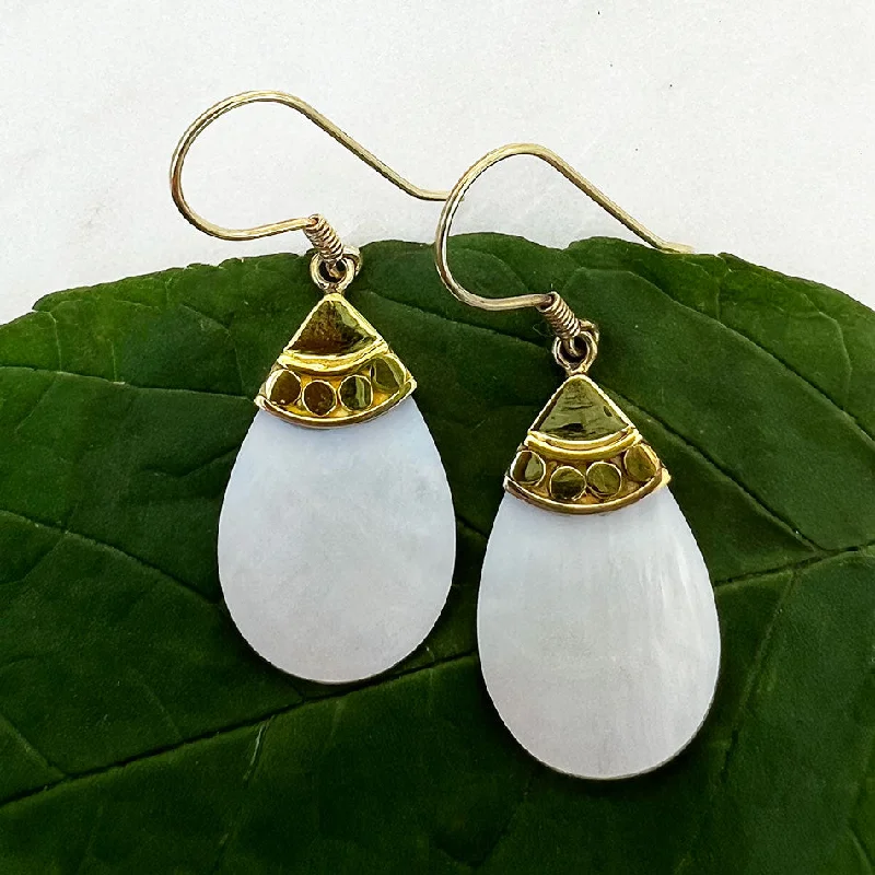 High gloss earrings-Mother-of-pearl Teardrop Earrings - Brass, Indonesia