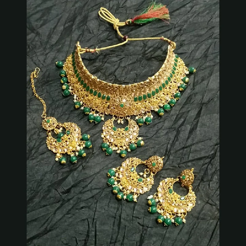 Multi-link necklaces-Kumavat Jewels Gold Plated Kundan Stone And Beads Traditional Choker Necklace Set with Maang Tikka