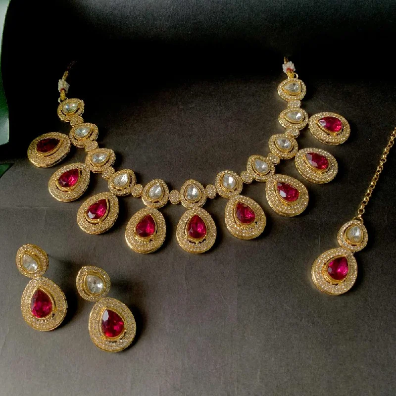 Citrine drop necklaces-Etnico Gold Plated Traditional Kundan & Stone Studded Choker Necklace Jewellery Set with Earrings & Maang Tikka for Women And Girls (IJ371Q)