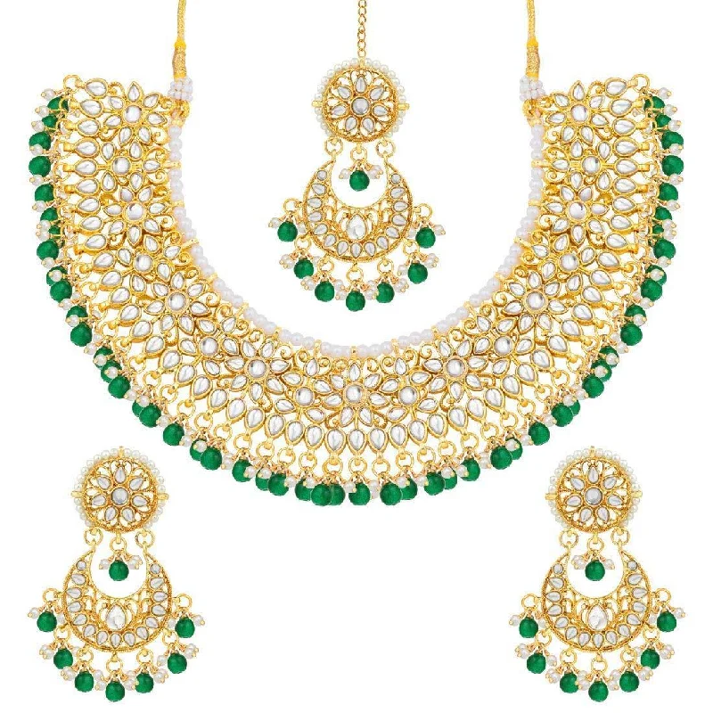 Frosted bead necklaces-Etnico 18K Gold Plated Traditional Handcrafted Faux Kundan & Pearl Studded Bridal Choker Necklace Jewellery Set with Earrings & Maang Tikka (K7076G)