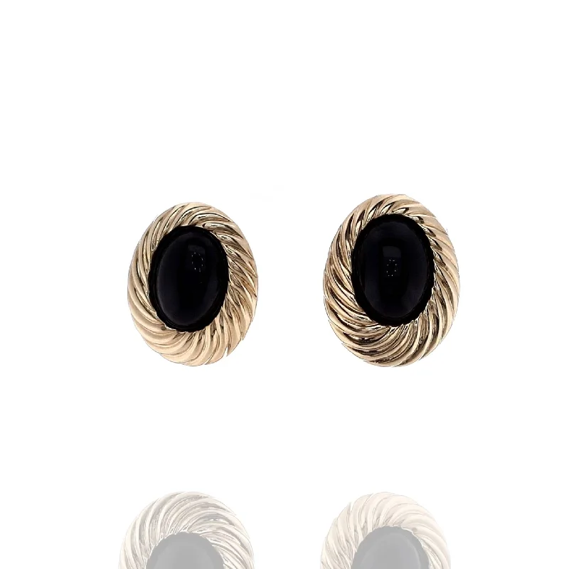 Solid hoop earrings-Estate 14k Yellow Gold Oval Onyx Scalloped Gold Frame Earrings