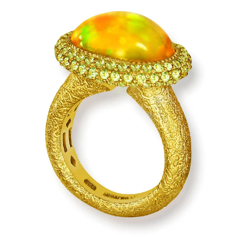 Flat bow rings-Gold Cocktail Ring with Golden Opal & Peridot