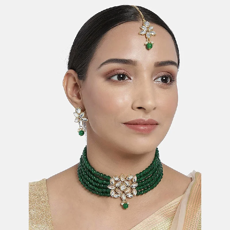 Solid link necklaces-Etnico 18K Gold Plated Traditional Kundan with Beads Choker Necklace Jewellery Set & Maang Tikka for Women/Girls (ML262G)