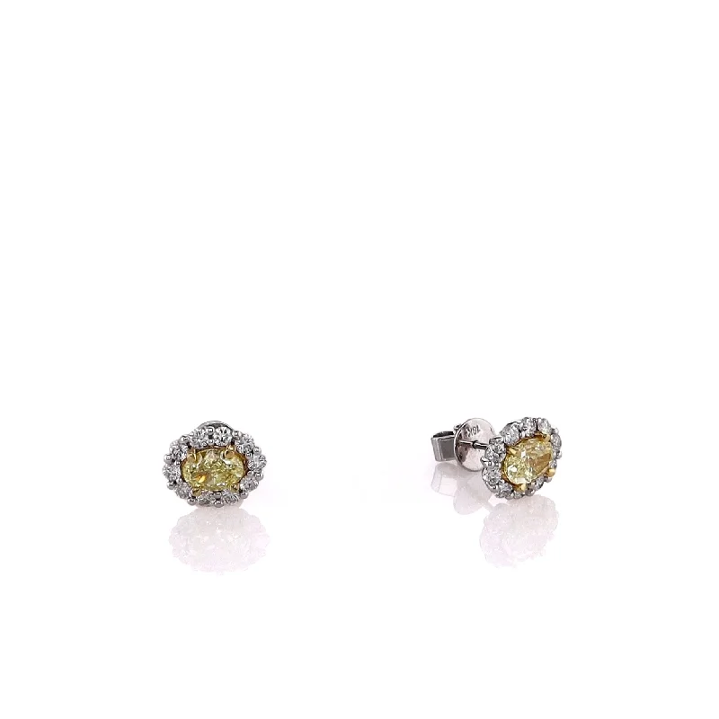 Retro stud earrings-18k White Gold Yellow and White Diamond Halo Oval Stud Earrings