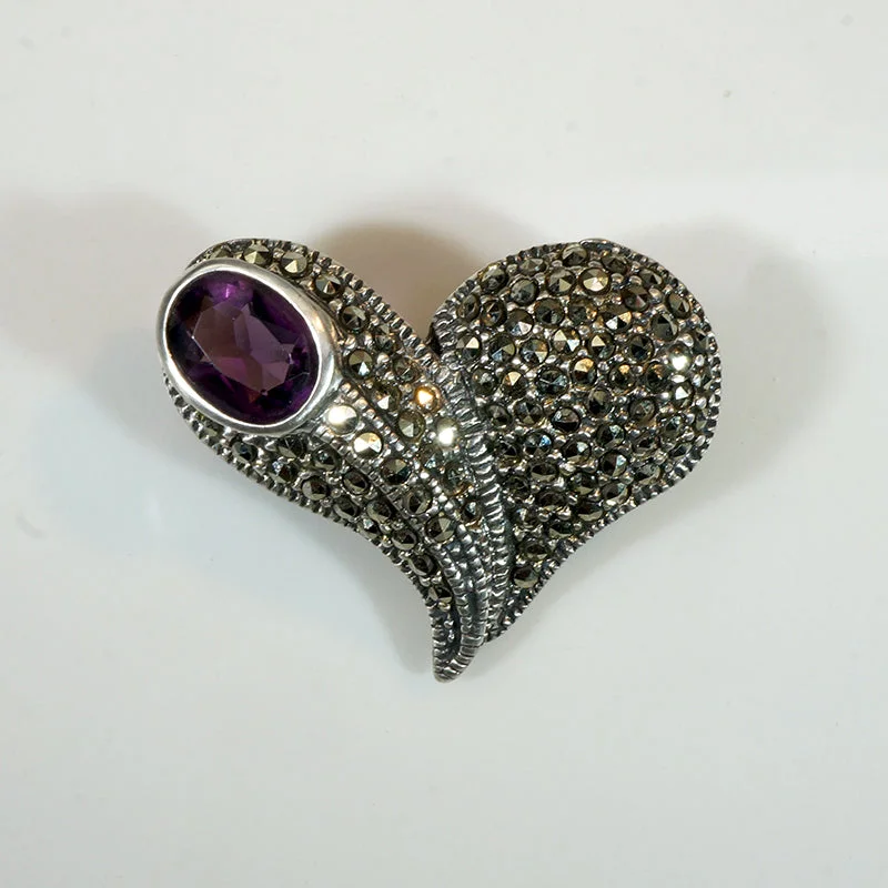 Bead edge brooch-Vivacious Sterling Heart Brooch with Marcasite & Amethyst