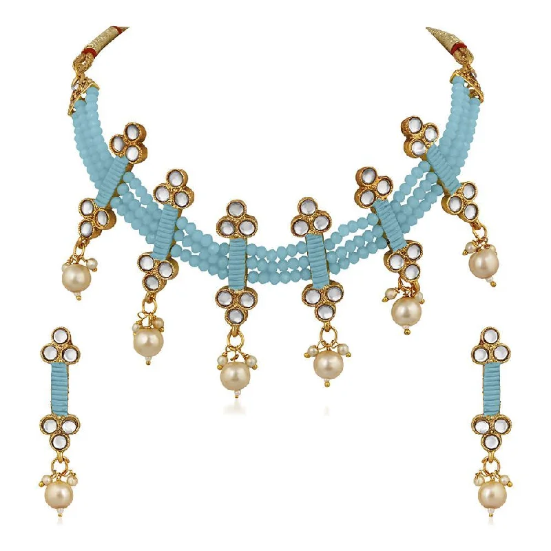 Fiber tassel necklaces-Mahi Traditional Floral Kundan & Blue Beads Layered Choker Necklace Jewellery Set for Women (VNCJ100261BLU)