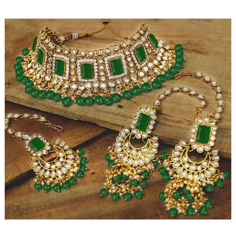 Retro charm necklaces-Etnico 18K Gold Plated Traditional Handcrafted Faux Kundan & Pearl Studded Bridal Choker Necklace Jewellery Set with Earrings & Maang Tikka (IJ401G)