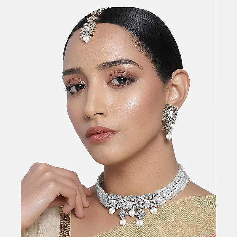 Flax braid necklaces-Etnico 18K Rhodium Plated Pearl & Kundan Studded Choker Necklace Jewellery Set with Earrings & Maang Tikka for Women (ML224ZW)