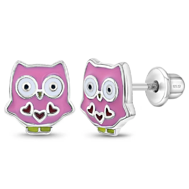 Polished bead earrings-Children's Sterling Silver Owl Enamel Stud Earrings