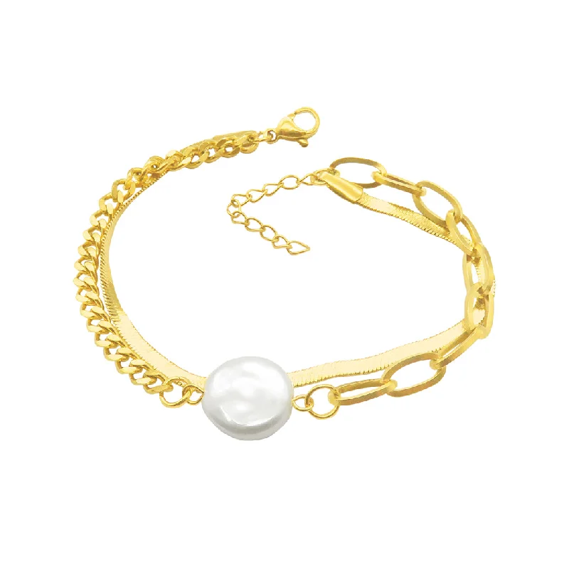 Oval stone bangles-Tarnish Resistant 14k Gold Plated Mixed Chain Pearl Bracelet