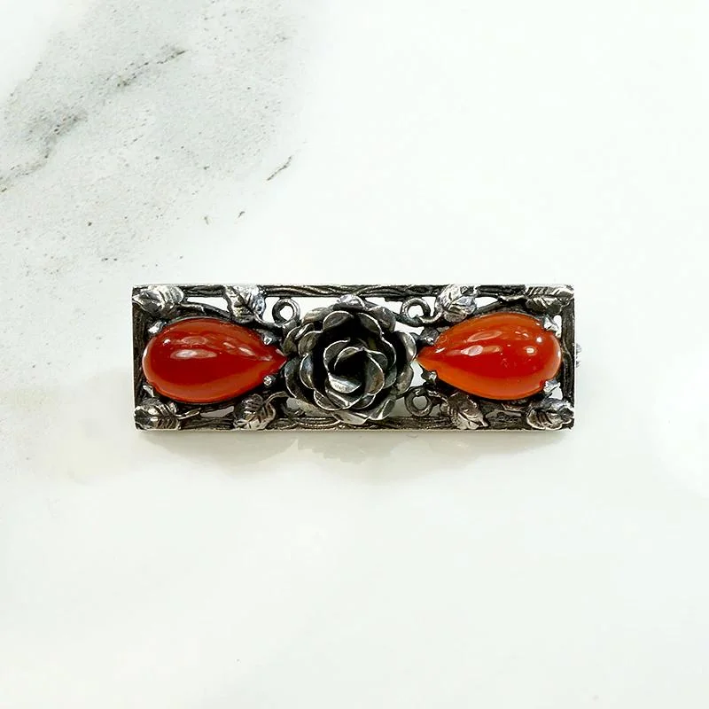 Sculpted gem brooch-Darkly Romantic Silver Rose & Carnelian Brooch