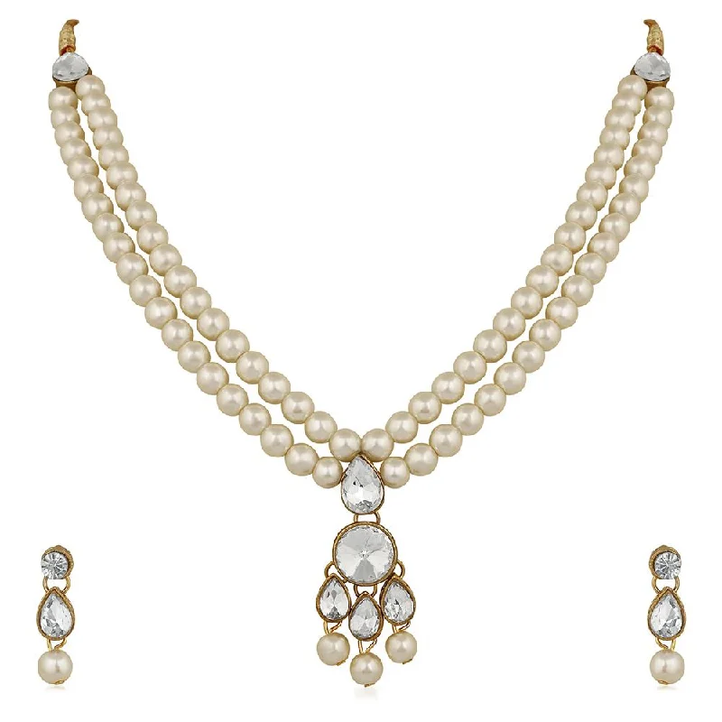 Leaf charm necklaces-Mahi Traditional Jewellery Kundan and Artificial Pearl Layered Necklace Set with Earrings for Women (VNCJ100254WHT)