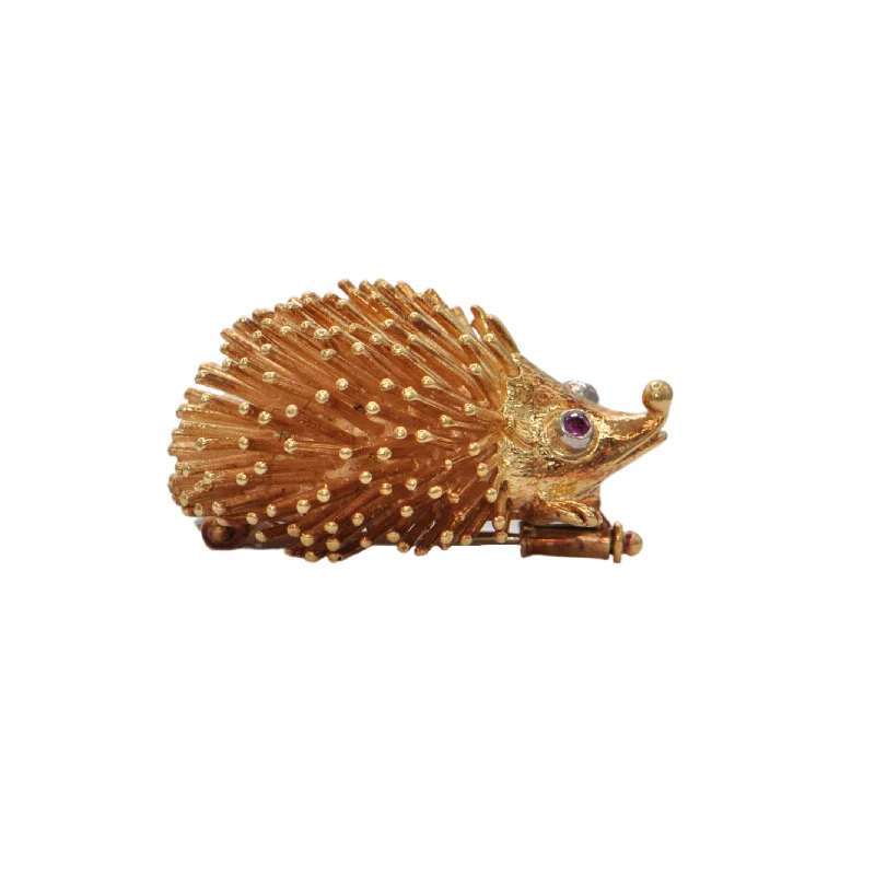 Curved gem brooch-Vintage Charming 18k Gold Hedgehog Brooch