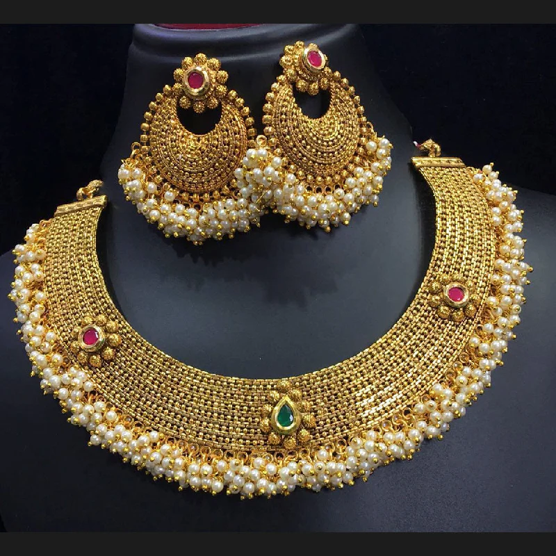 Tribal tassel necklaces-Sai Fashion Gold Plated Kundan Stone & Pearl Traditional Necklace Set