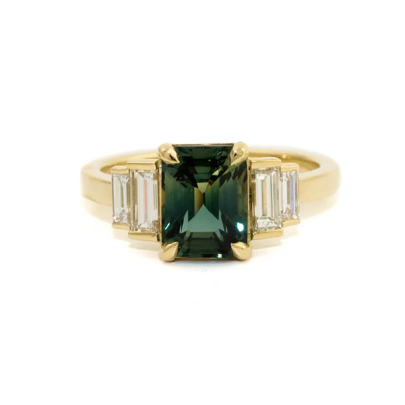 Cluster gem rings-Emerald-Cut Sapphire x Diamond Engagement Ring