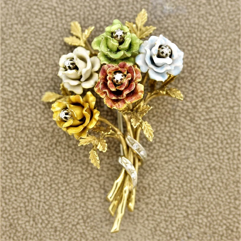 Minimal silver brooch-Italian Gold Enameled Rose Bouquet Diamond Brooch