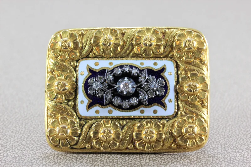 Woven thread brooch-Victorian Diamond Enamel Gold Floral Brooch