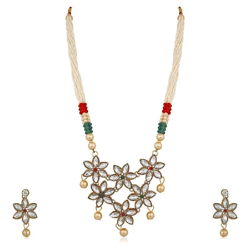 Jazz age necklaces-Mahi Floral Design Ethnic Pendant Necklace Set Earrings Jewellery with Kundan and Artifical Pearl for Women (VNCJ100244WHT)