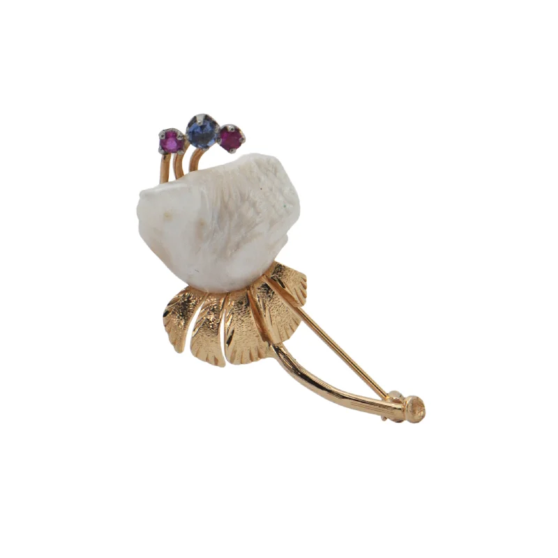 Topaz gem brooch-Vintage Natural Pearl, Ruby and Sapphire Gold Flower Brooch