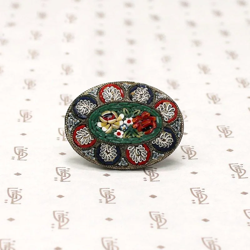 Emerald stone brooch-Cheerful Italian Micro Mosaic Brooch