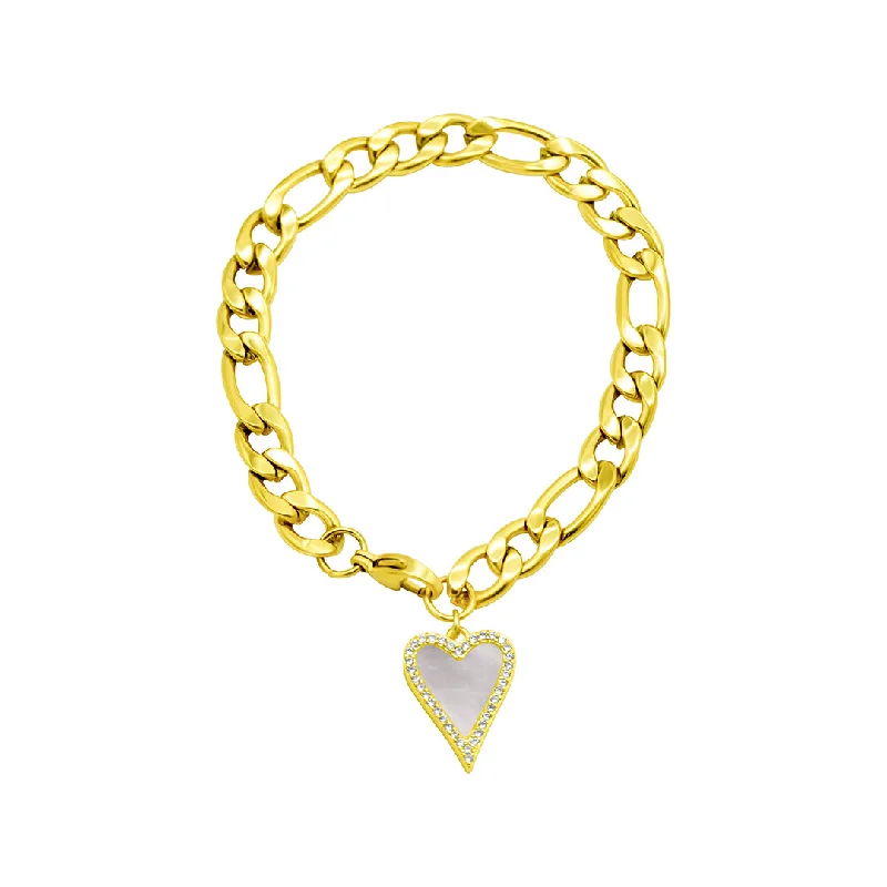 Beaded cluster bangles-Tarnish Resistant 14k Gold Plated Figaro Bracelet With Crystal Halo Mother-of-Pearl Heart