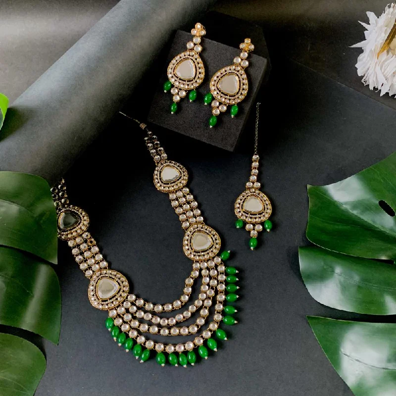 Whimsical bead necklaces-Etnico Gold Plated Traditional Multi Layered Pearl Kundan Bridal Necklace Jewellery with Dangle Earrings & Maang Tikka Set For Women/Girls (IJ387) (Green)