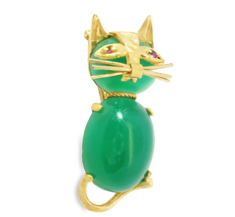 Oval gem brooch-Magnificent Estate 14K Yellow Gold Green Aventurine Ruby Cat Brooch Pin