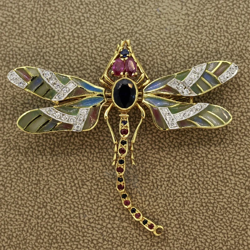 Petite flower brooch-Plique-a-Jour Enamel Diamond Sapphire Ruby Gold Dragonfly Brooch