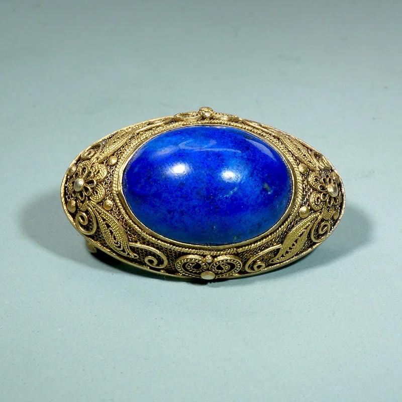 Oval charm brooch-Opulent Chinese Lapis & Silver Gilt Filigree Brooch