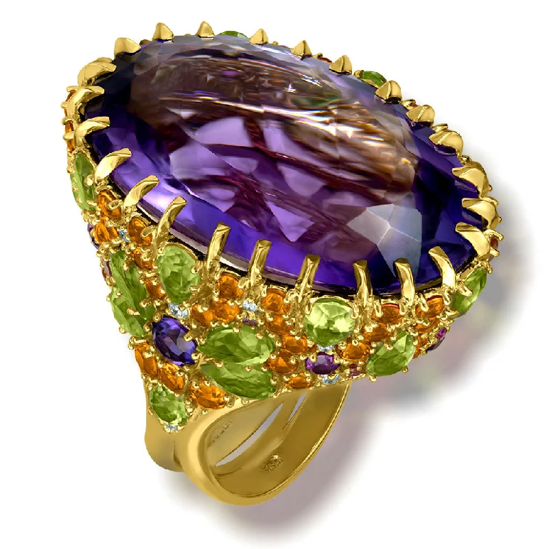 Subtle accent rings-Gold Blossom Ring with Oval Amethyst & Peridot