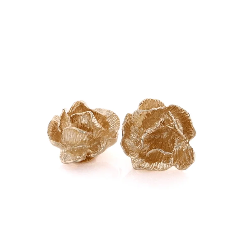 Half moon earrings-Estate 14 Karat Yellow Gold Textured Rose Bud Design Clip On Earrings