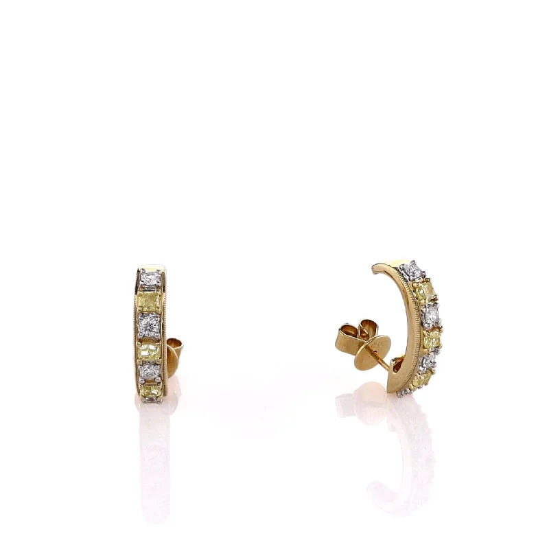 Rose gold earrings-18k Yellow Gold Alternating Yellow and White Diamond J Hoop Earrings