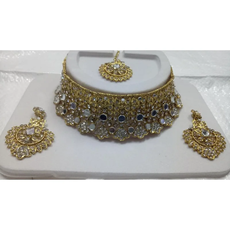 Quartz healing necklaces-Jinu Arts Gold Plated Austrian Stone Kundan Mirror Choker Necklace SetWith Maangtikka  - 2900327