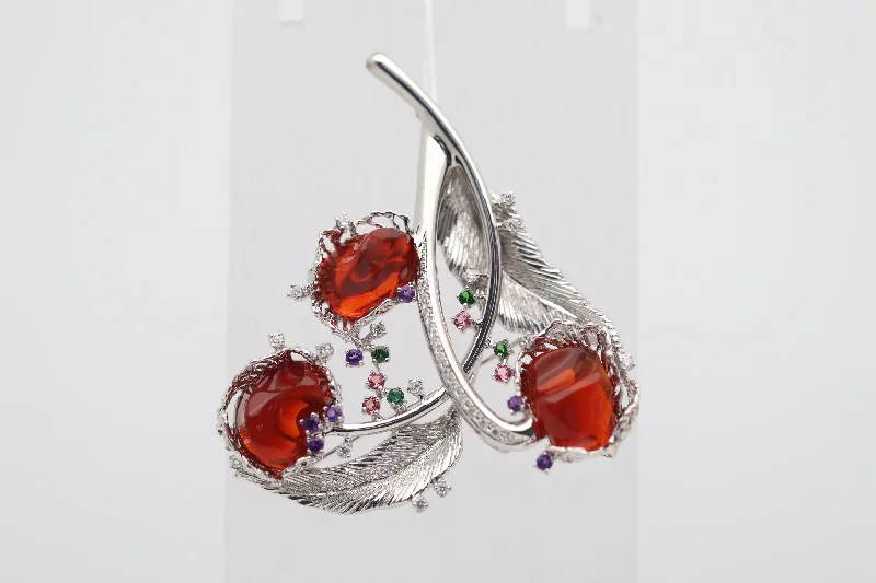 Dainty silver brooch-Large Fire Opal Diamond Gemstone Platinum Floral Brooch