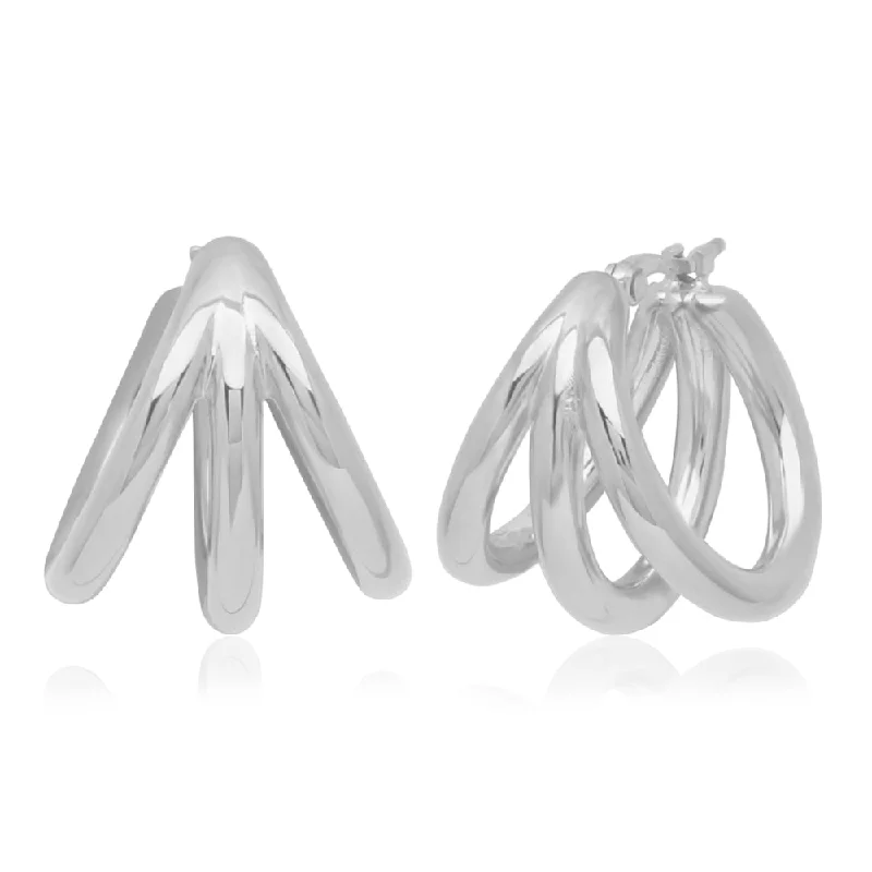 Art deco earrings-Sterling Silver Small Triple Row Hoop Earrings