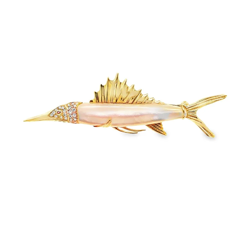 Fox motif brooch-Mother-of-Pearl Diamond 18k Yellow Gold Marlin Fish Brooch