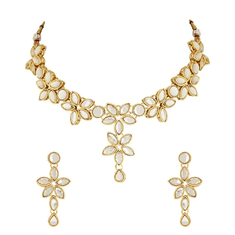 Stamped initial necklaces-Etnico Gold Plated Traditional Floral Design Kundan Studed Necklace Jewellery Set with Earrings for Women And Girls (IJ367W)