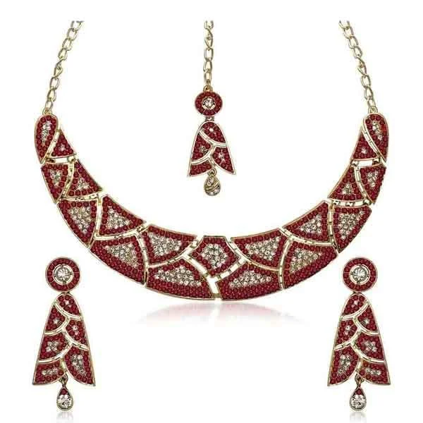 Yarn fringe necklaces-Kriaa Gold Plated Austrian Stone Necklace Set With Maang Tikka - 1105303