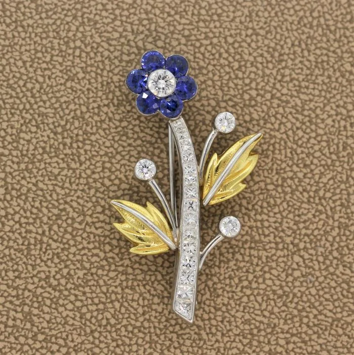 Reed motif brooch-Sapphire Diamond Platinum Gold Flower Brooch