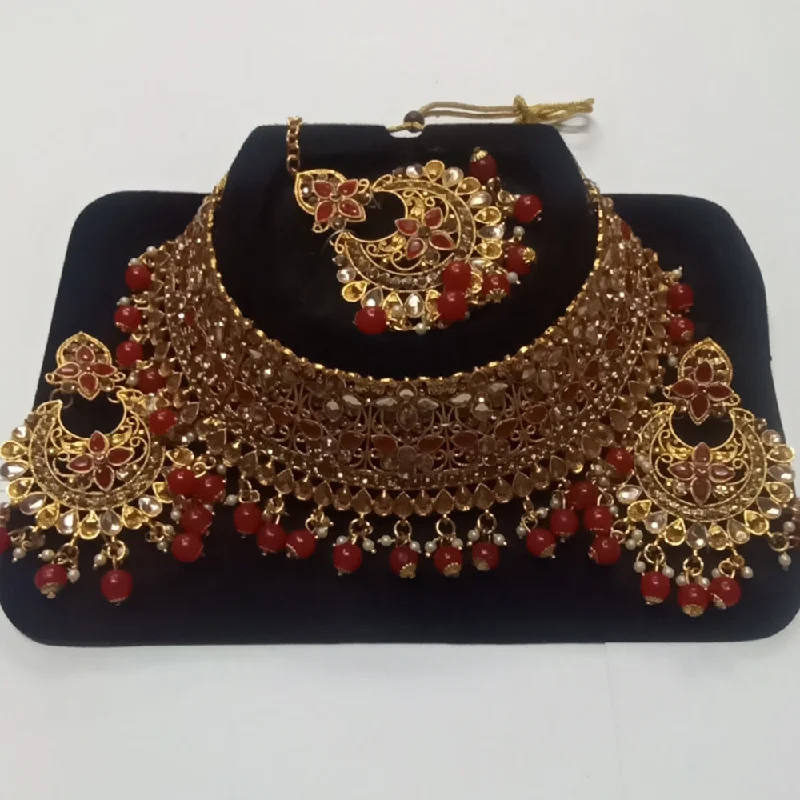 Alloy metal necklaces-Kumavat Jewels Gold Plated Kundan Stone And Beads Traditional Choker Necklace Set with Maang Tikka