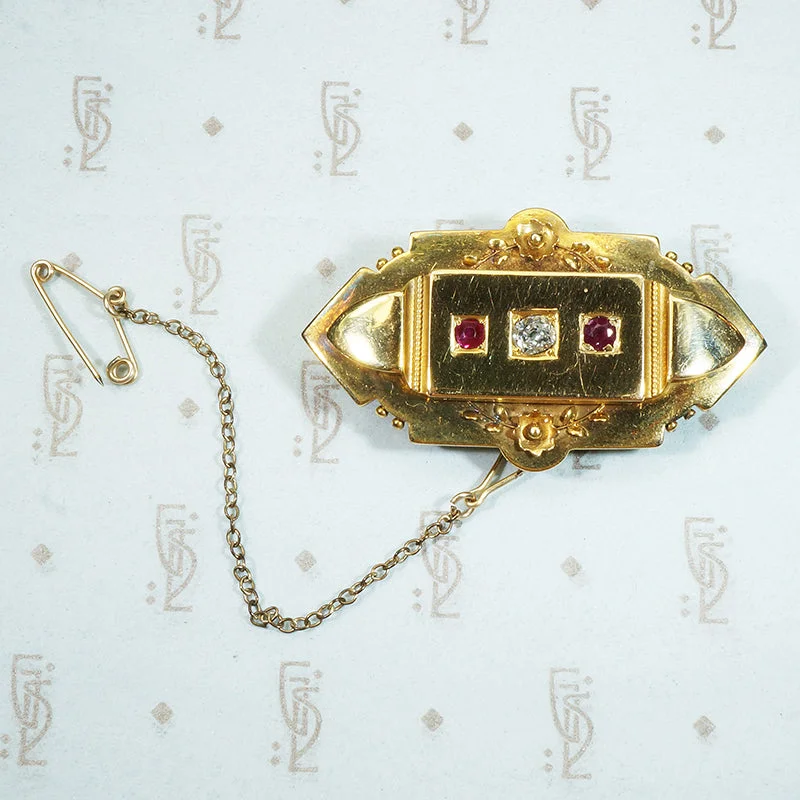 Heavy stone brooch-OMC Diamond and Ruby Set English Locket Brooch