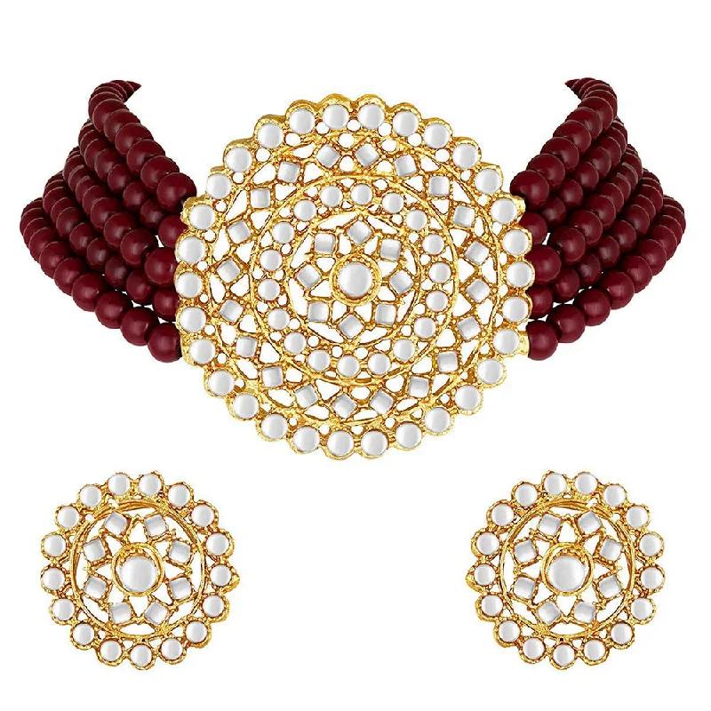 Raised disc necklaces-Etnico 18K Gold Plated Traditional Ruby Beaded Choker Set Glided with Kundan Work for Women/Girls (K239M)